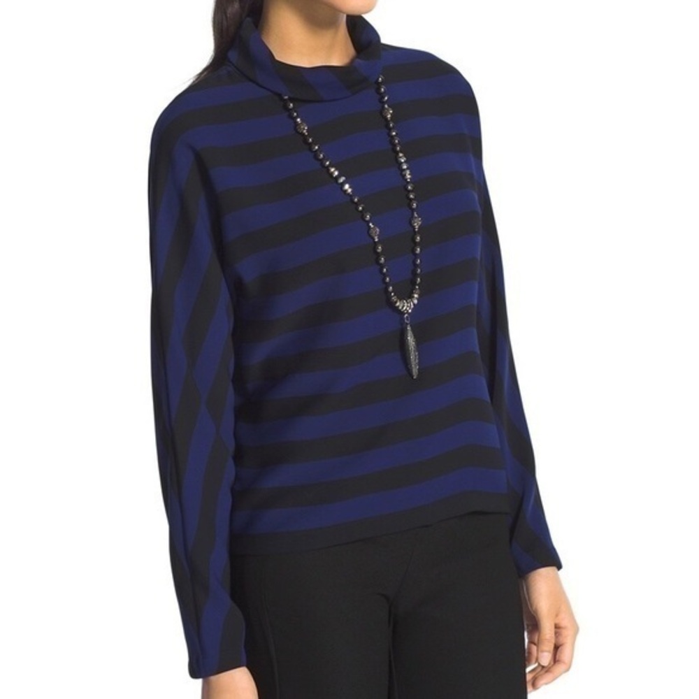 Chico’s Black label Mitered Stripe blue and black back zip blouse top size 8